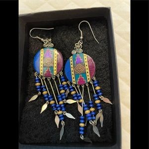 Artisan pierced ear rings. Hand painted, beads, silver